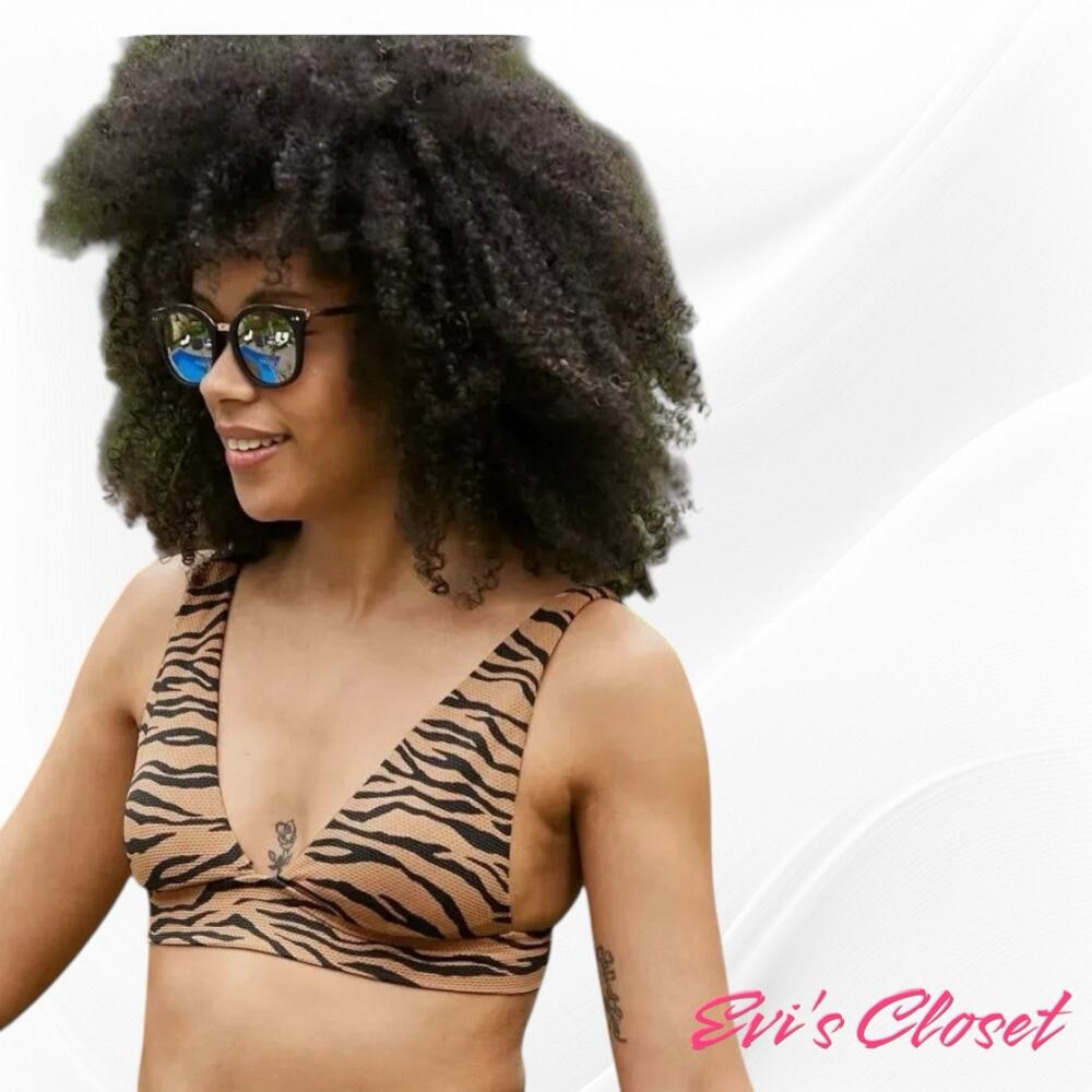 Aerie Animal Print Long Line Bikini Top Tan Tie Back SZ M  NWT